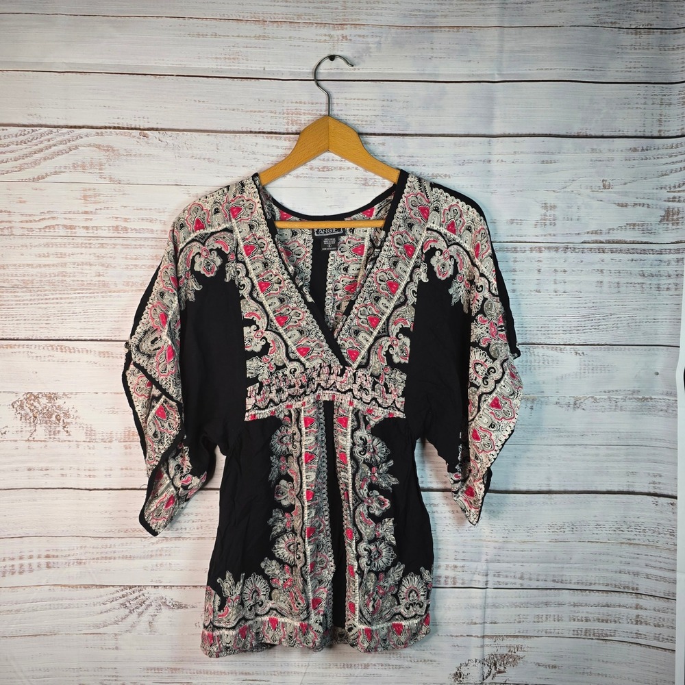 Angie Boho Paisley Kimono Sleeve Tunic Top Small Black Pink V-Neck Festival